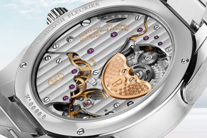 A close-up caseback rendering of the Parmigiani Fleurier Tonda PF GMT Rattrapante.