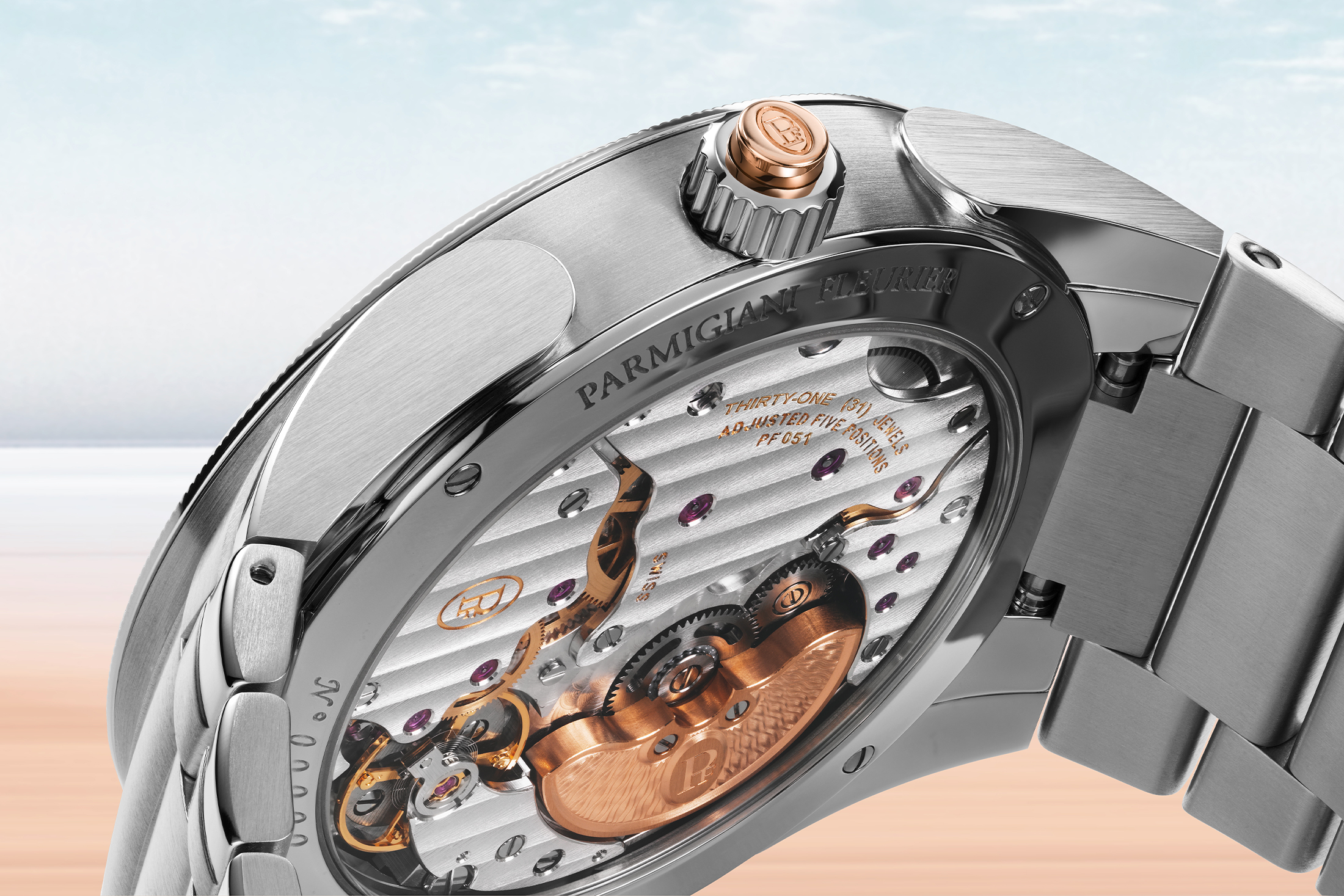 A side-profile rendering of the Parmigiani Fleurier Tonda PF GMT Rattrapante.