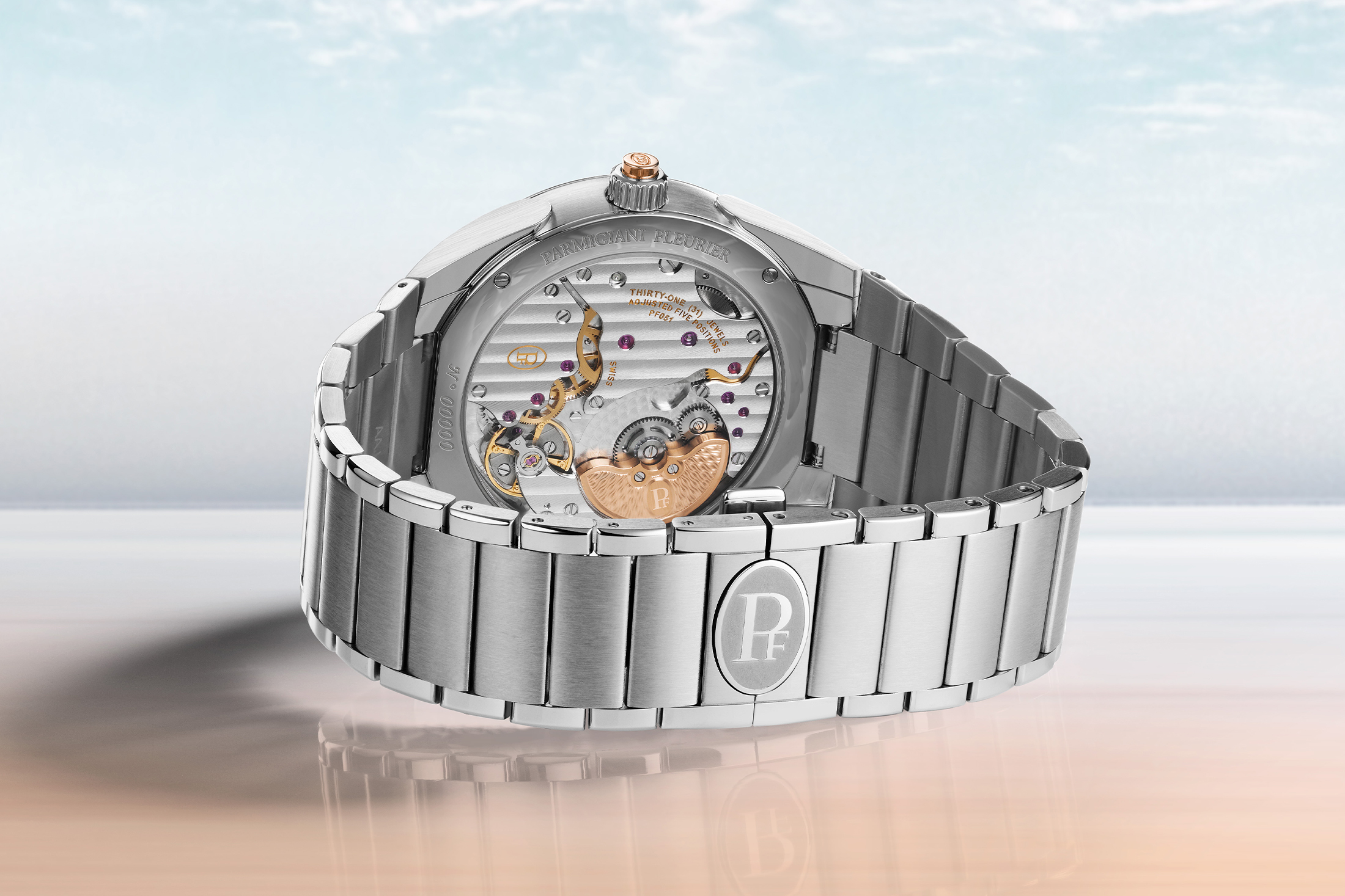 A caseback rendering of the Parmigiani Fleurier Tonda PF GMT Rattrapante.