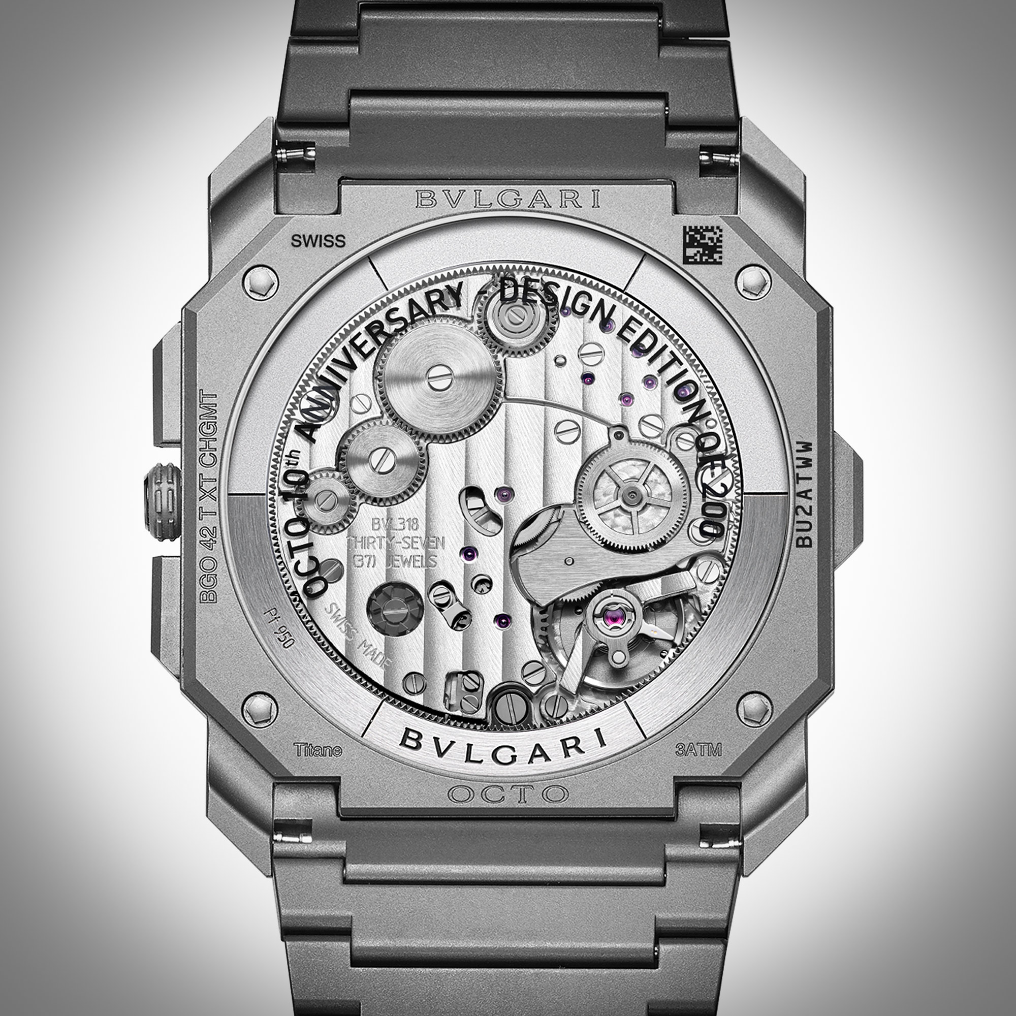 Caseback and movement, Bulgari Octo Finissimo GMT Anniversary Chronograph