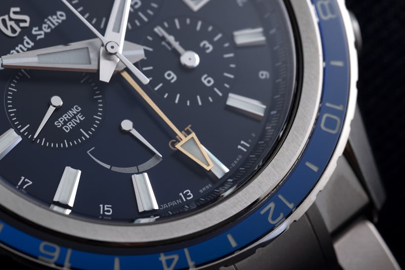 A close-up on the dial of a Grand Seiko Spring Drive Chronograph GMT