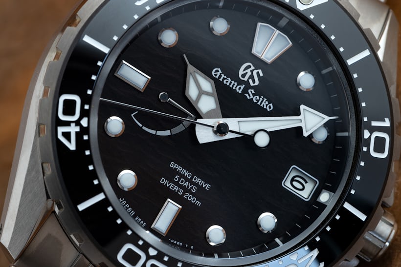 A close-up on the dial of the new Grand Seiko Spring Drive Diver SLGA015.
