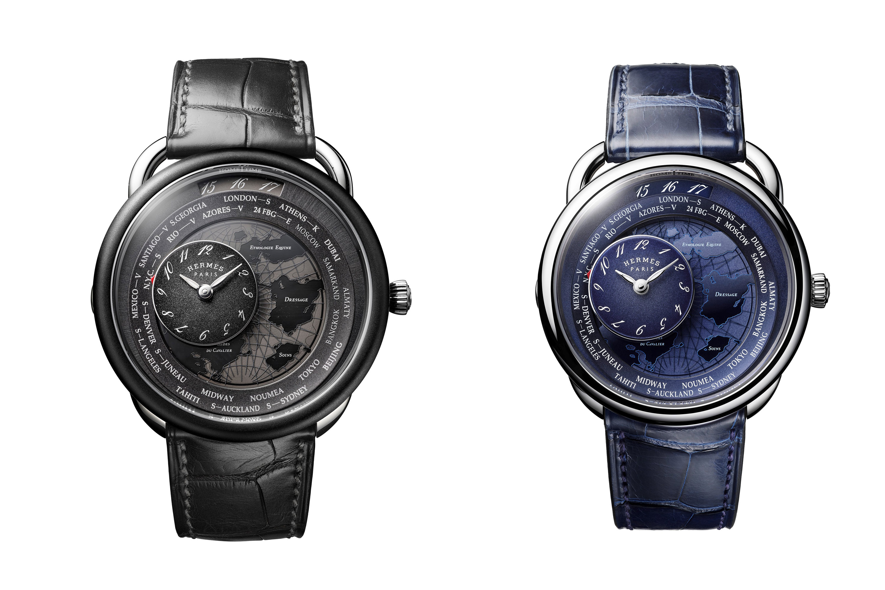 Blue and black Arceau models on alligator straps