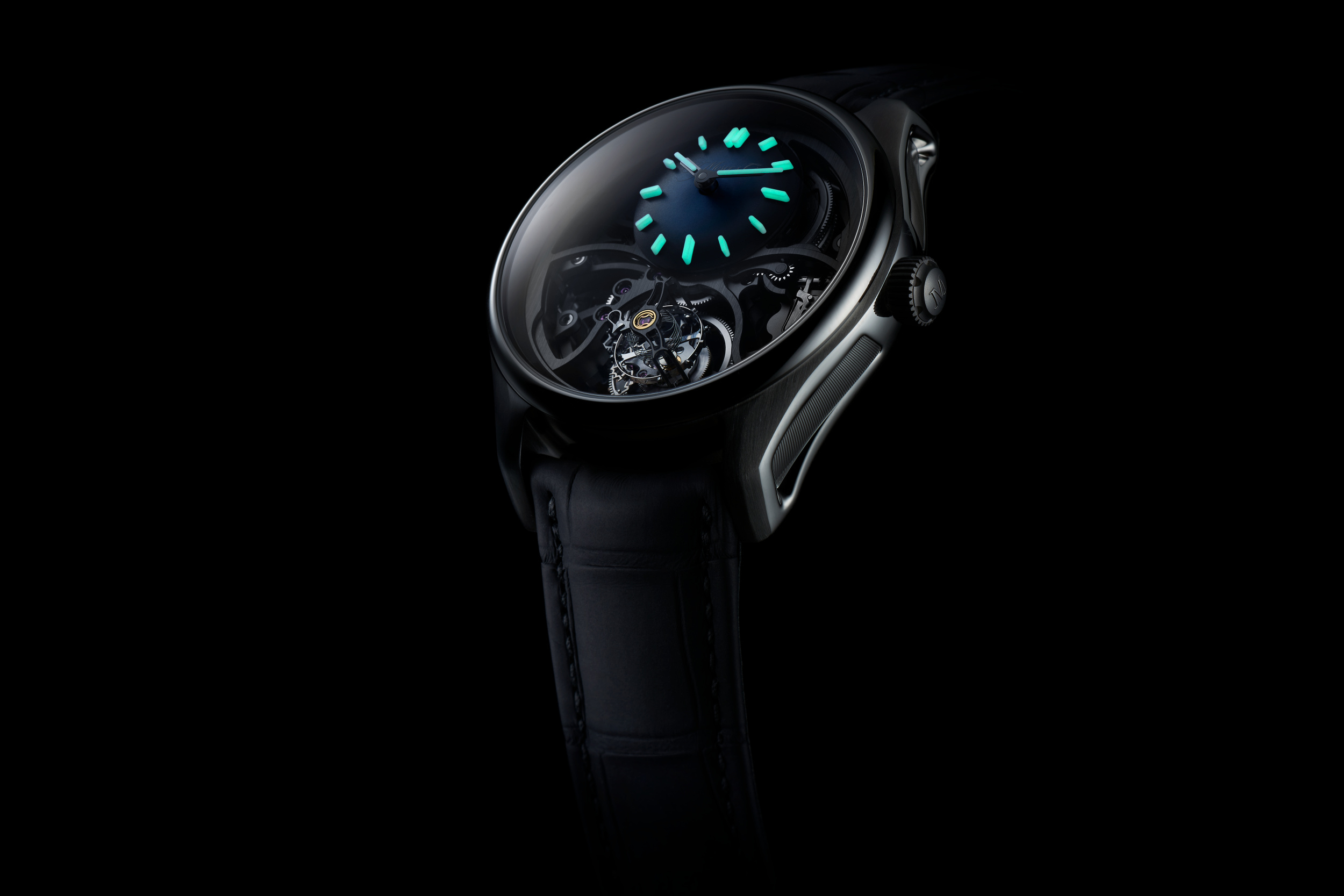 A lume shot of H. Moser's New Cylindrical Tourbillon