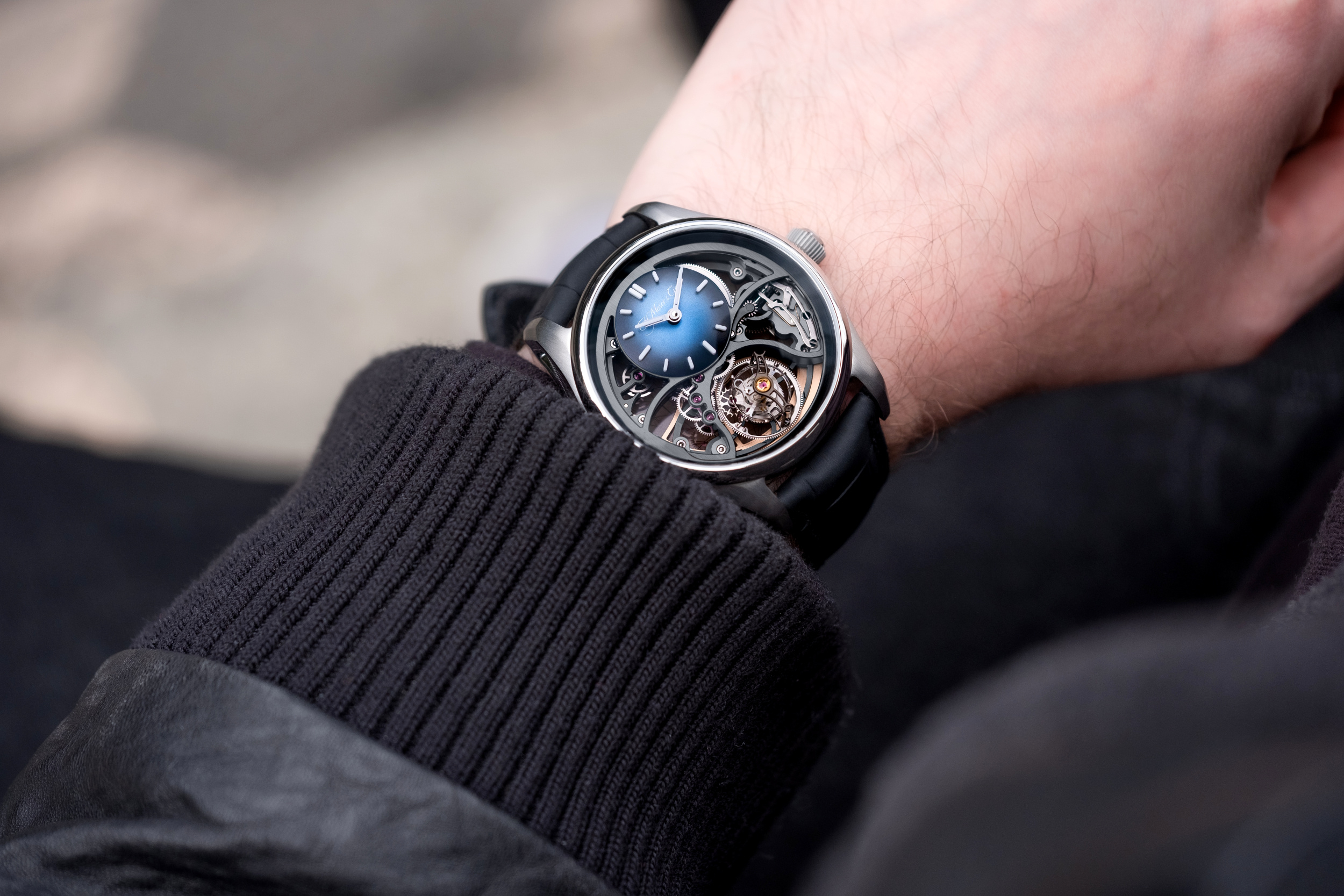 H. Moser's New Cylindrical Tourbillon on a man's wrist.