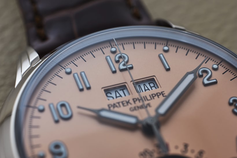 A close-up on the dial of the new Patek Philippe Chronograph 5320G.