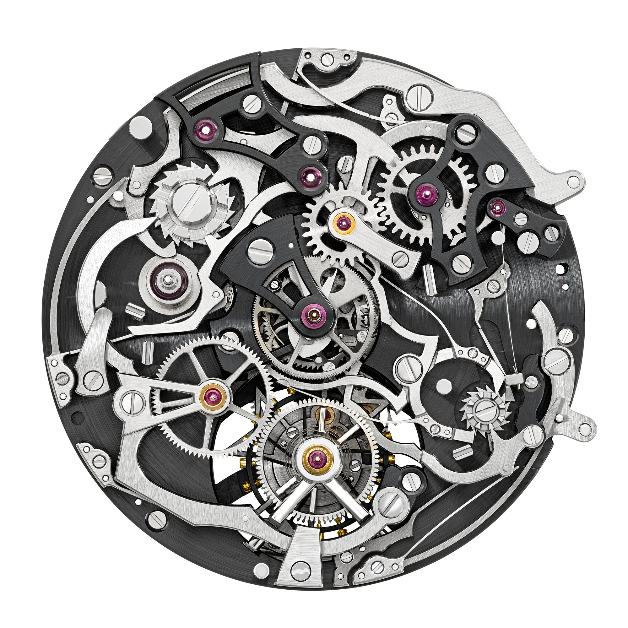 Caliber 2757, dial side, showing the two chronograph column wheels