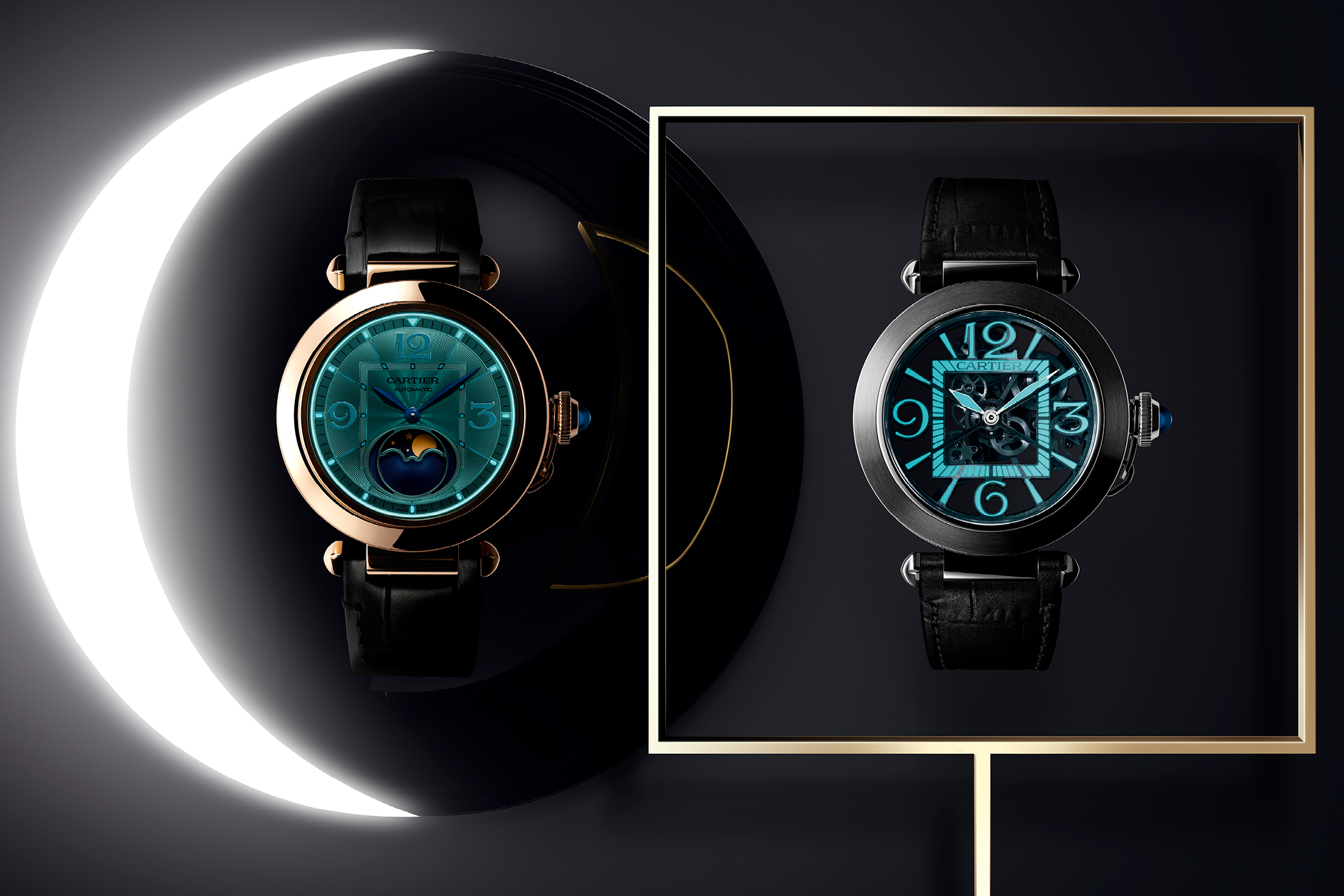 cartier pasha skeleton and moonphase, lume shot