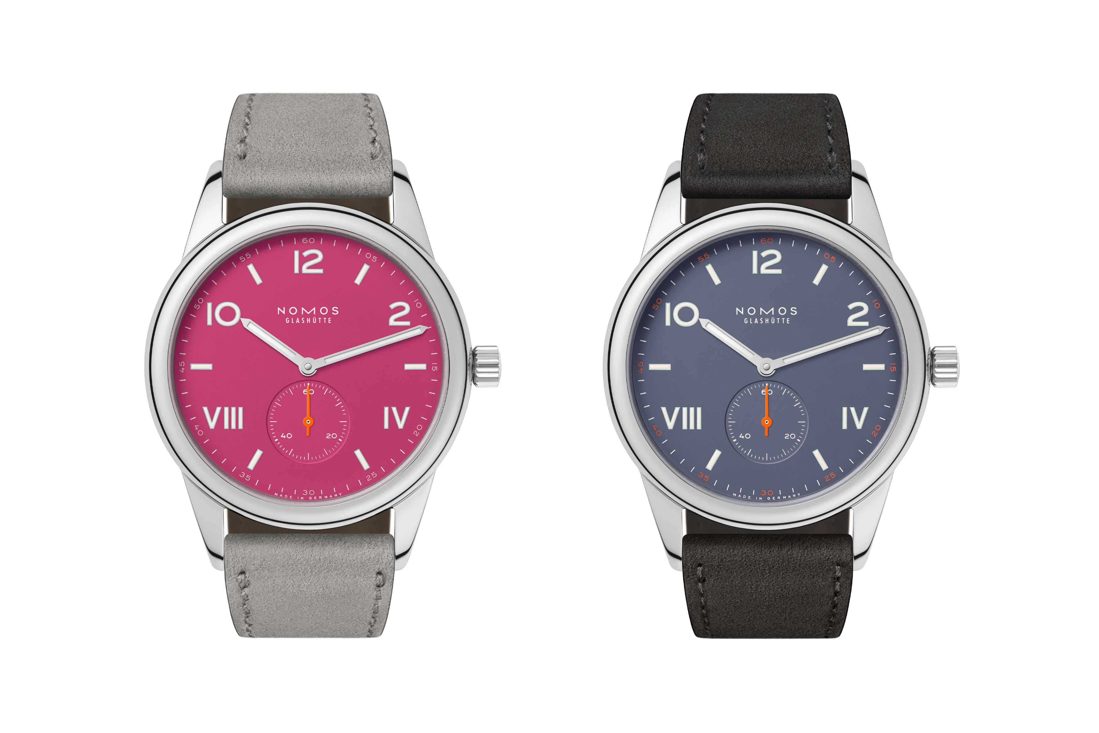 The new NOMOS Club Campus in Deep Pink and Blue Purple.
