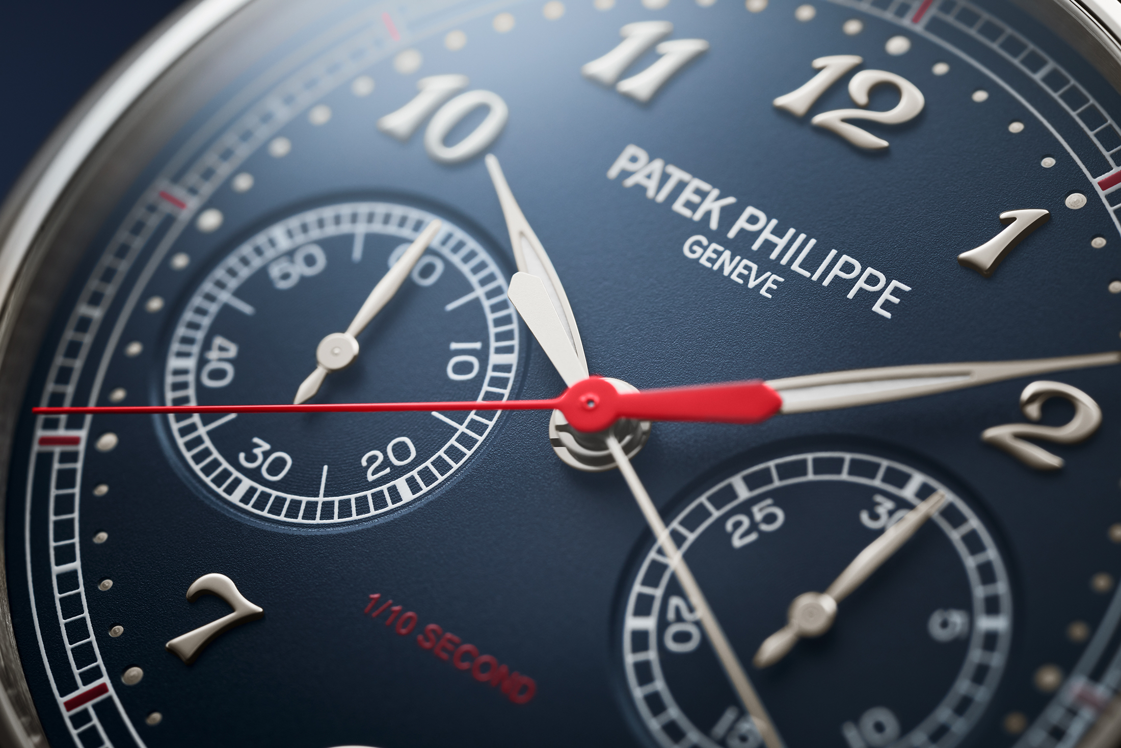 Patek Ref. 5470P-001 1/10th Second Monopusher Chronograph dial closeup