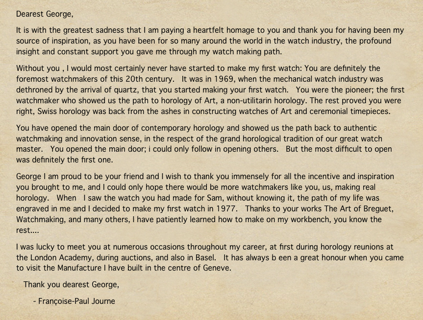 A note from FP Journe to George Daniels that accompanies the special Chronometre Souverain. 