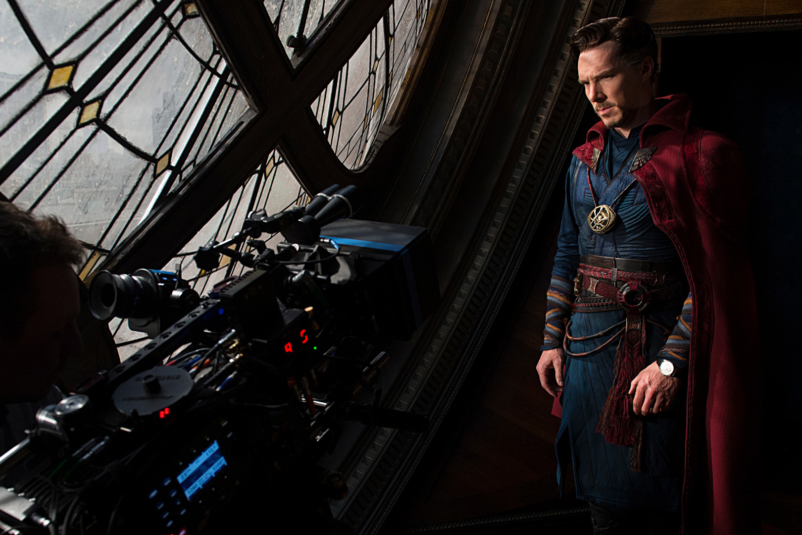 JLC Master Ultra Thin Perpetual on Doctor Strange's wrist in a behind the scenes photo from the film