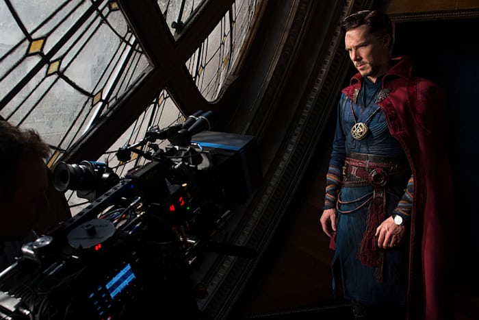 JLC Master Ultra Thin Perpetual on Doctor Strange's wrist in a behind the scenes photo from the film