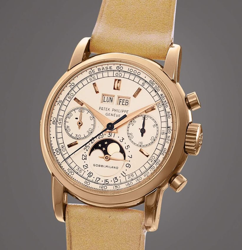 Patek Philippe Reference 2499, 2nd Series | A possibly unique and important pink gold perpetual calendar chronograph wristwatch with moon phases, Retailed by Gobbi Milano