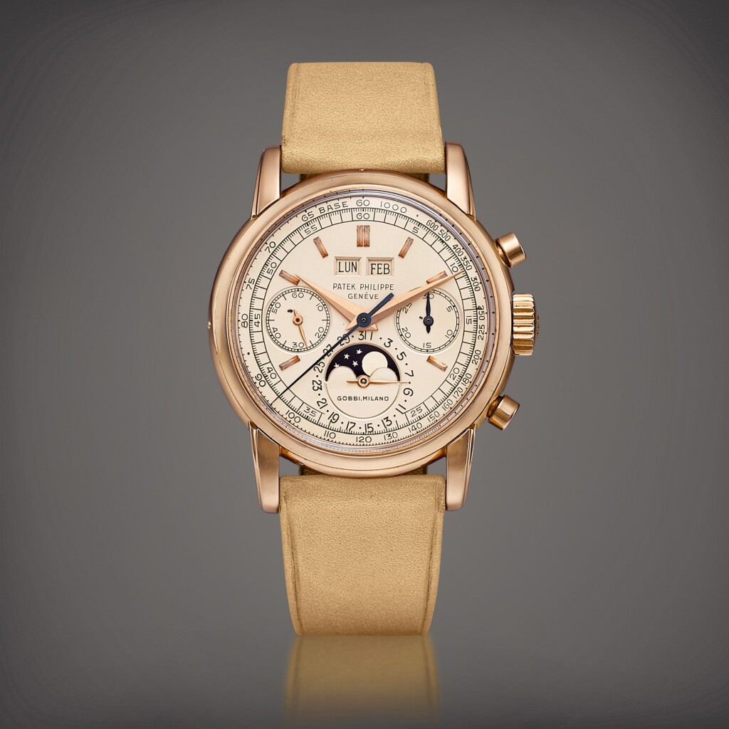 Patek Philippe Reference 2499, 2nd Series | A possibly unique and important pink gold perpetual calendar chronograph wristwatch with moon phases, Retailed by Gobbi Milano