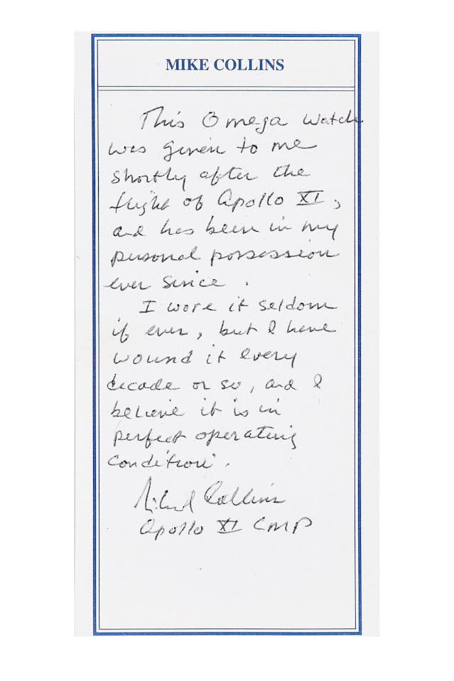 isolated image from Heritage auctions of the note accompanying Collins' Speedmaster