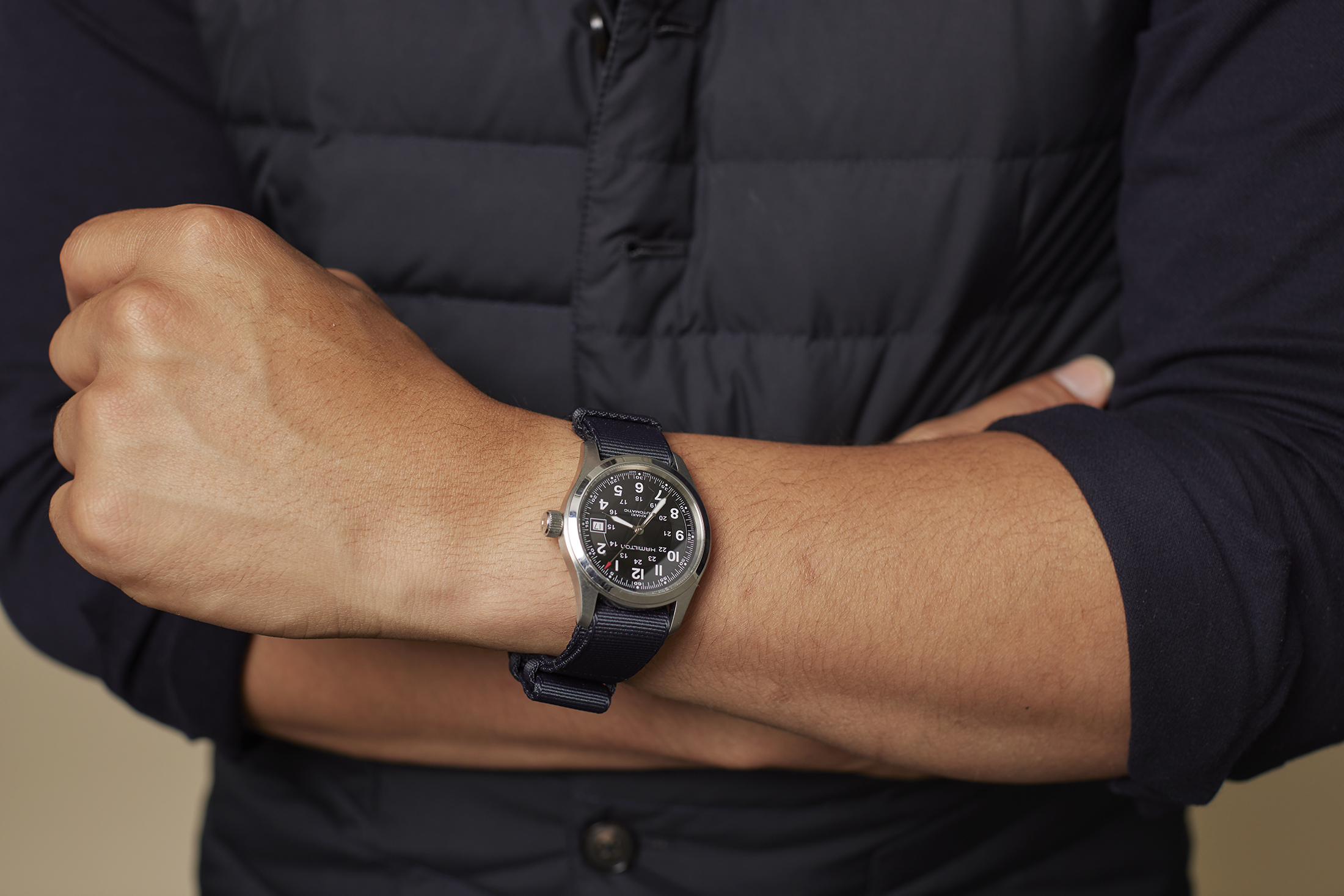 Wrist shot of Jeremy's everyday watch, a Hamilton.