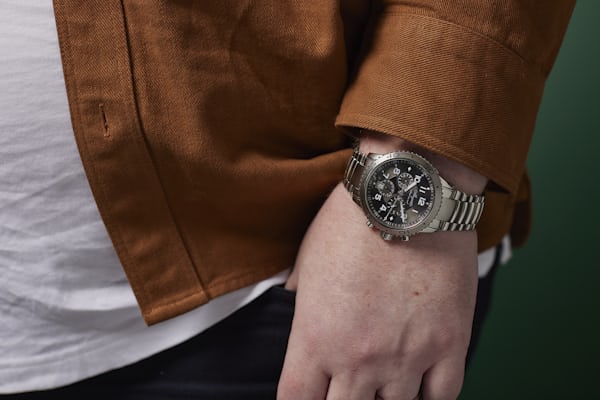 Wrist shot of Mark wearing a Breguet, his day to day watch.