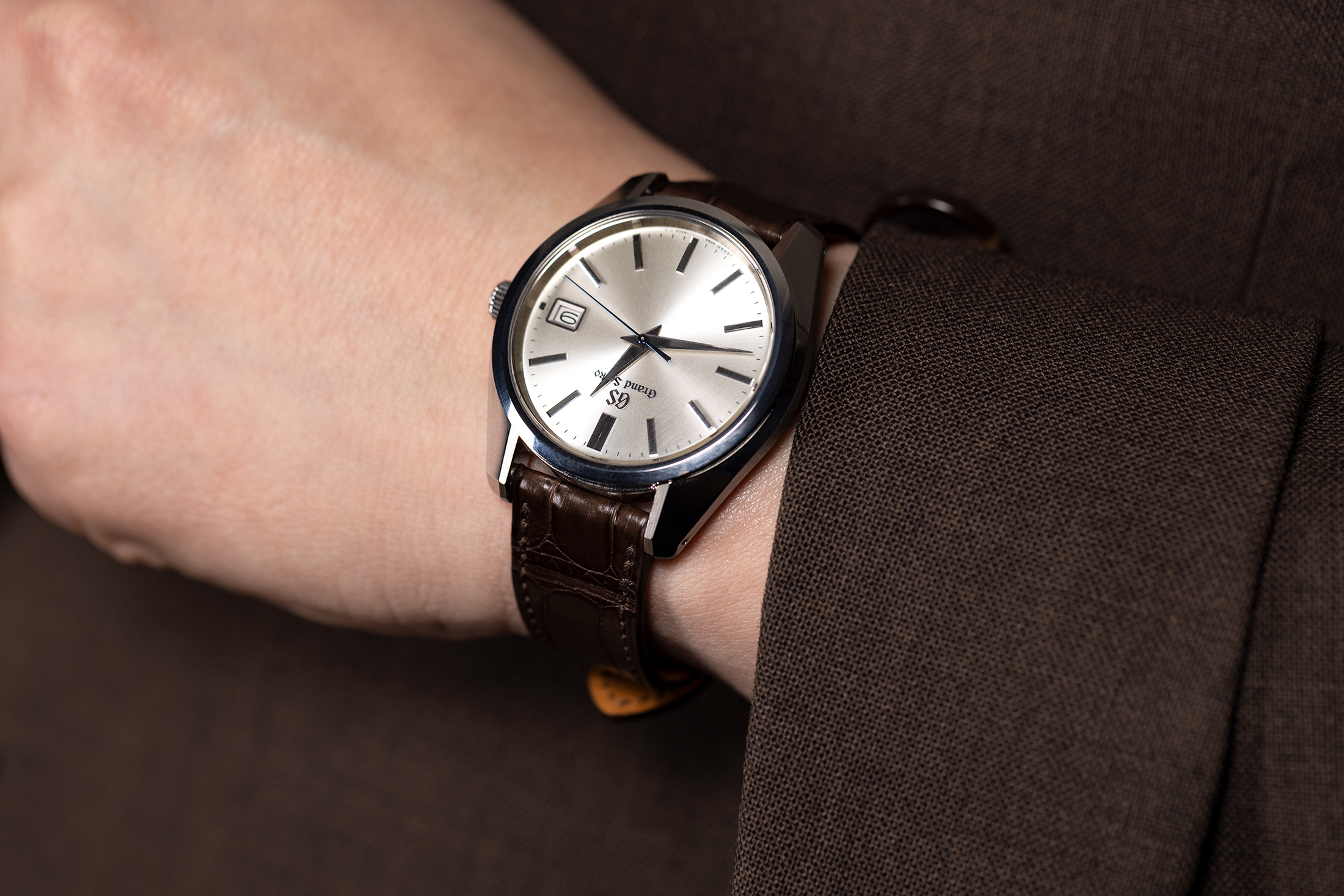Wrist shot of a Grand Seiko.