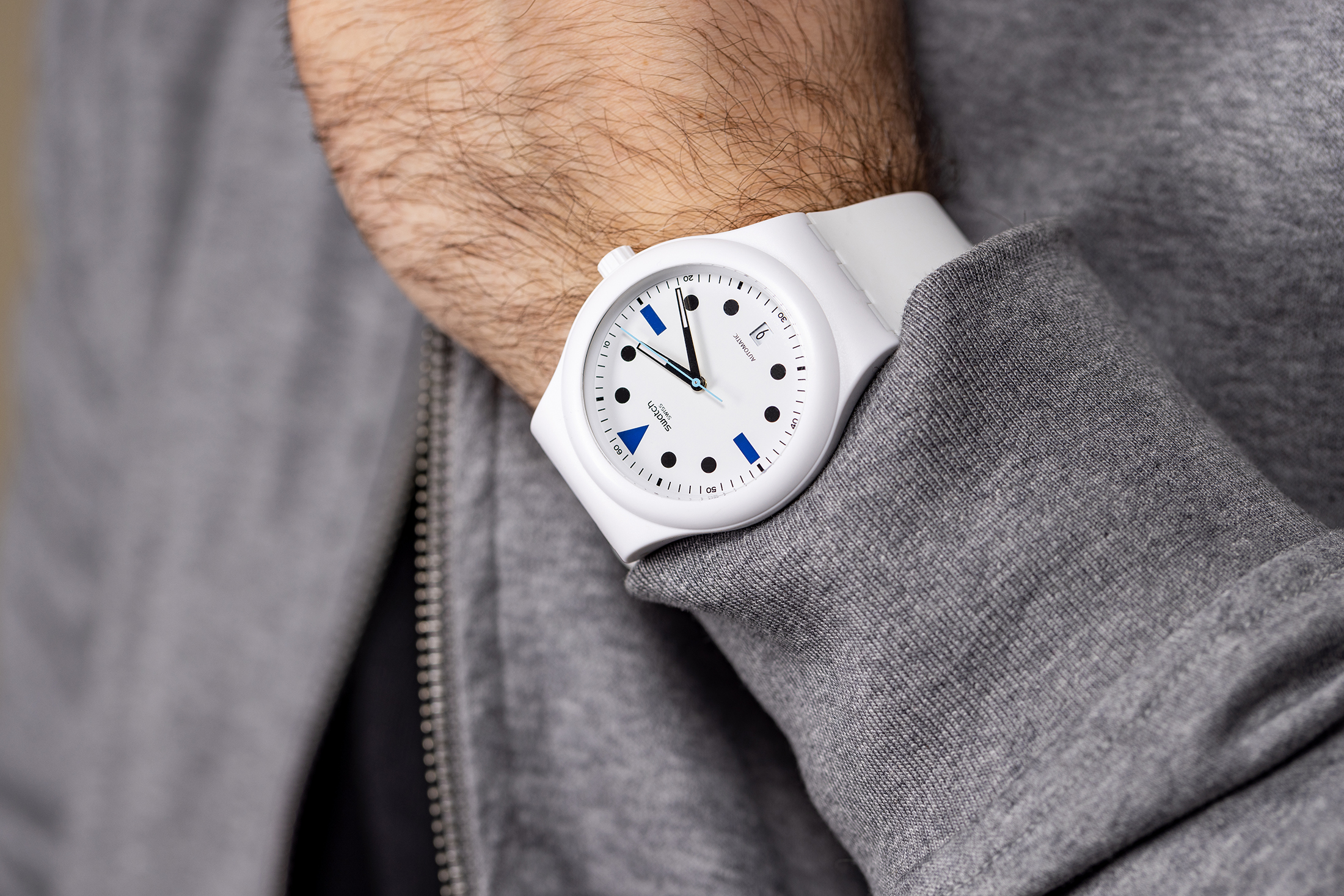 Wrist shot of Mark's Swatch.