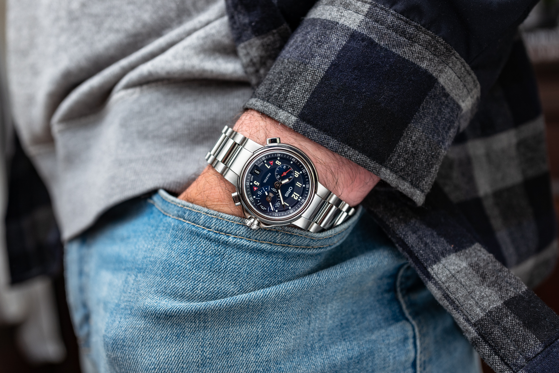 the oris full steel on wrist. 