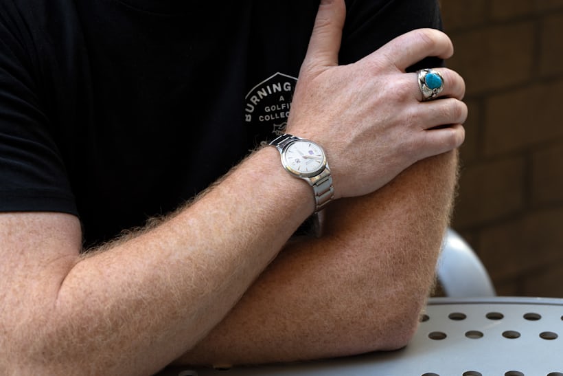 A vintage LeCoultre Futurematic on a man's wrist.