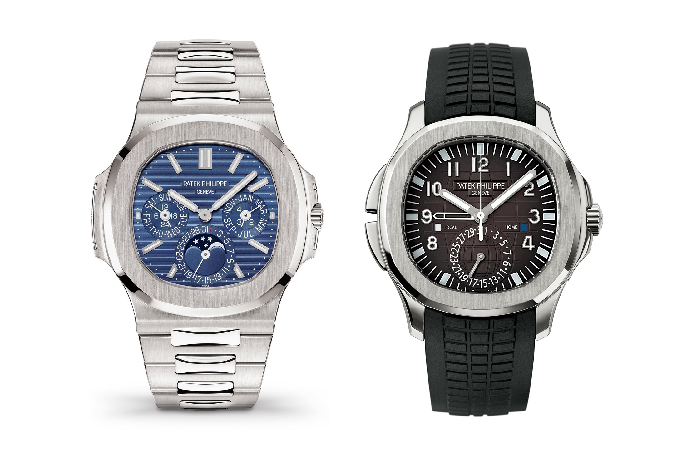 a patek 5740 nautilus next to a 5164 aquanaut