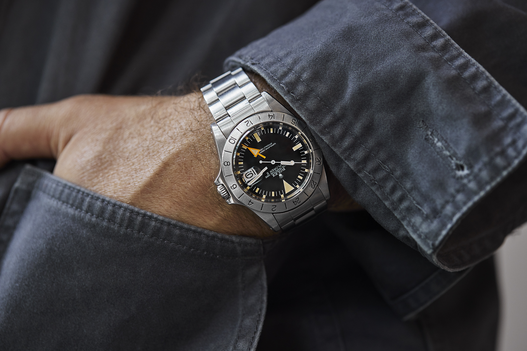 A vintage Rolex Explorer II on the wrist