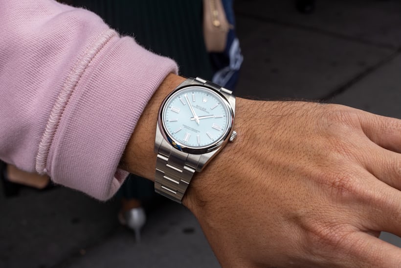 Tiffany blue Rolex Oyster Perpetual pictured on wrist. 