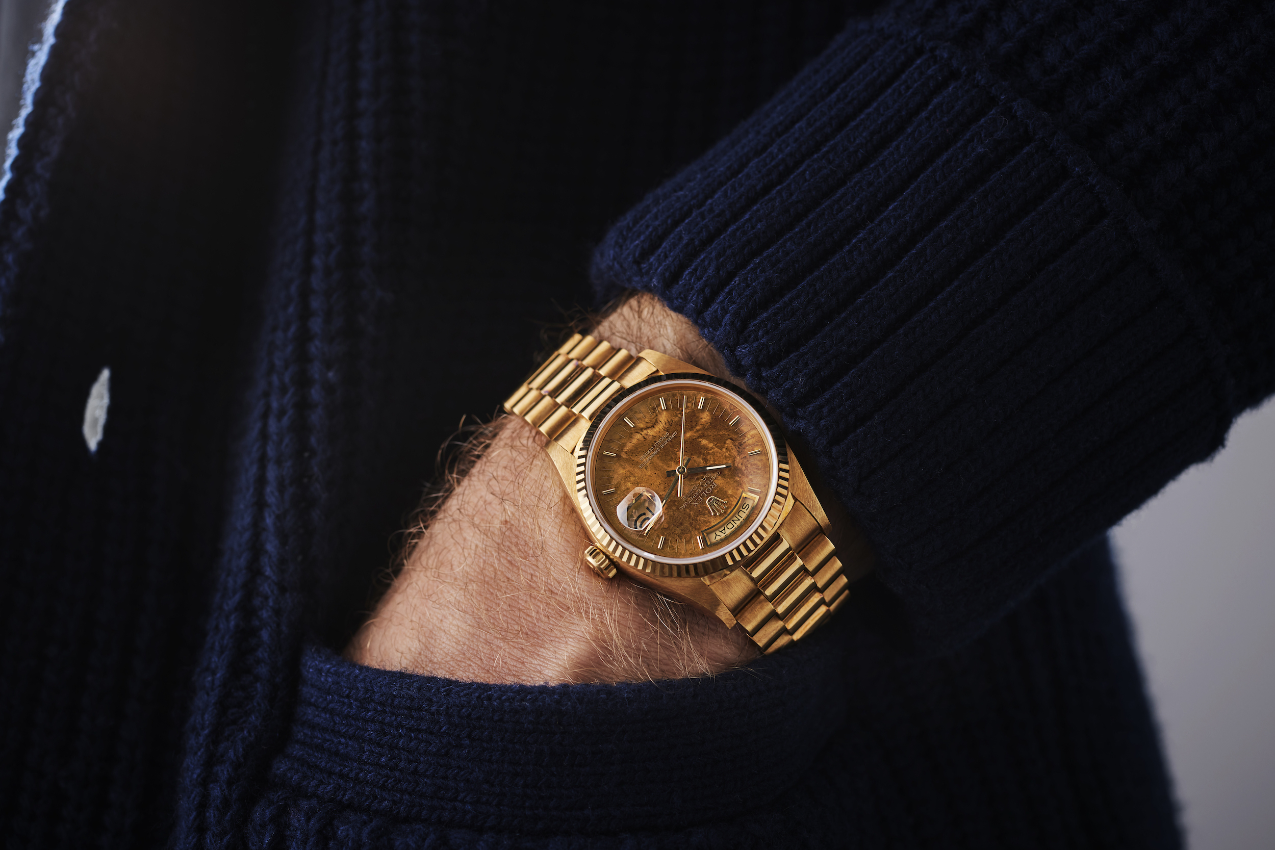 A vintage Rolex Day-Date with "Birch Burlwood" dial