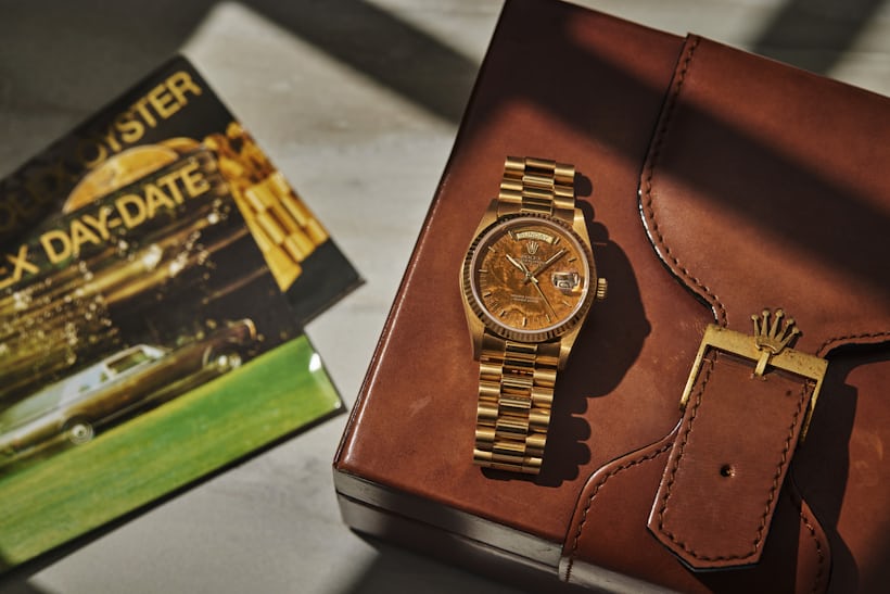A vintage "Birch Burlwood" Rolex Day-Date on the wrist