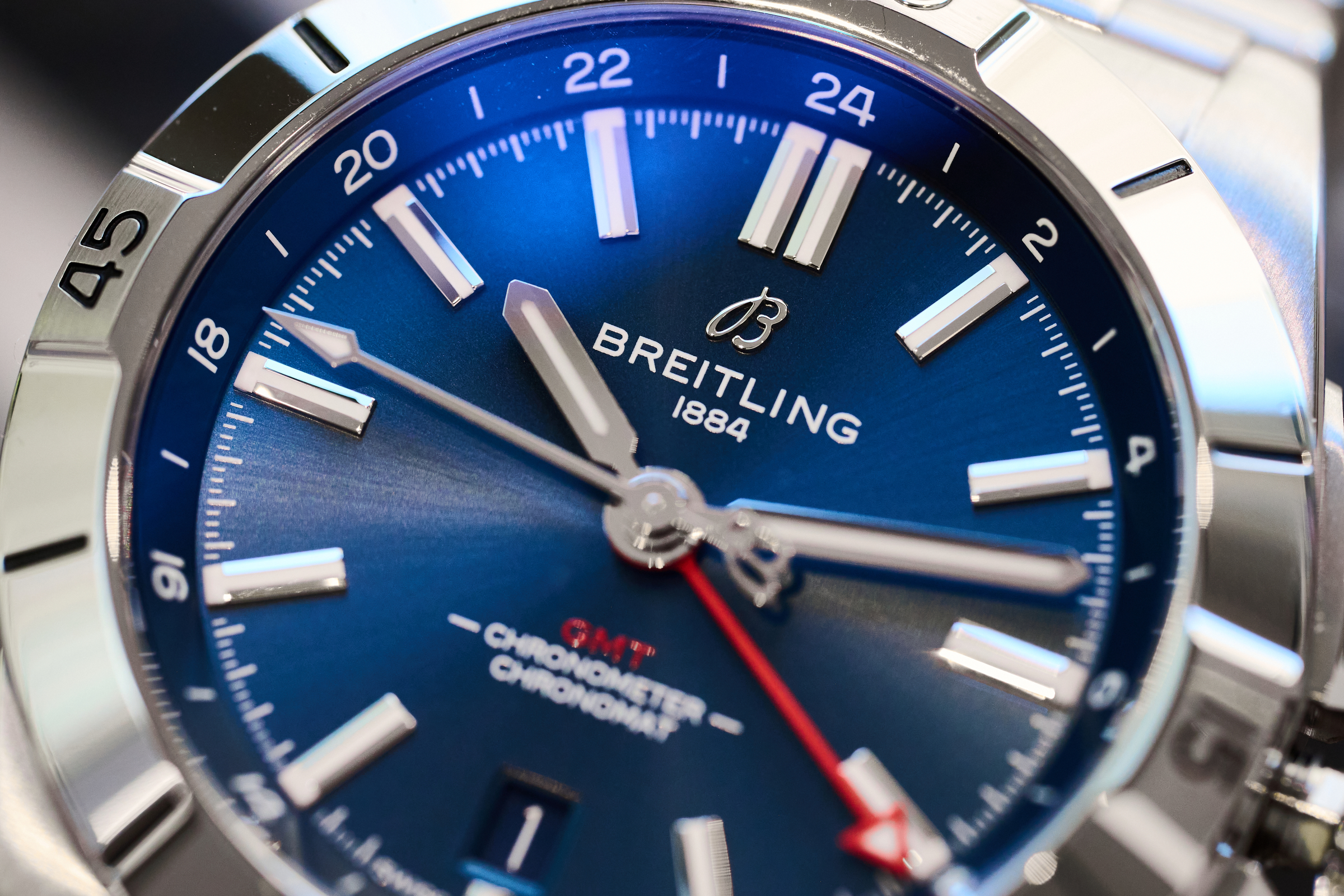 The blue dial Breitling Chronomat Automatic GMT.