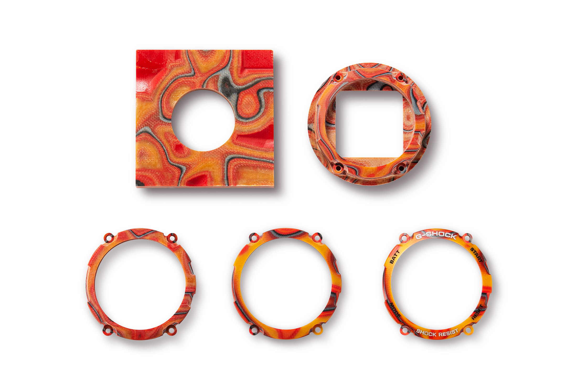 The materials for the bezels of the new Flare Red G-Shock.