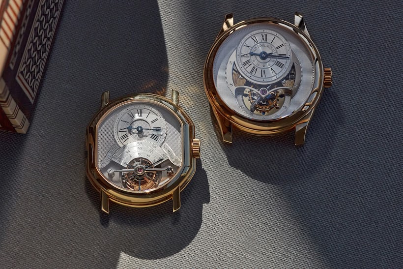 An early Roth tourbillon with one of his more contemporary pieces made under the Jean Daniel Nicolas name.