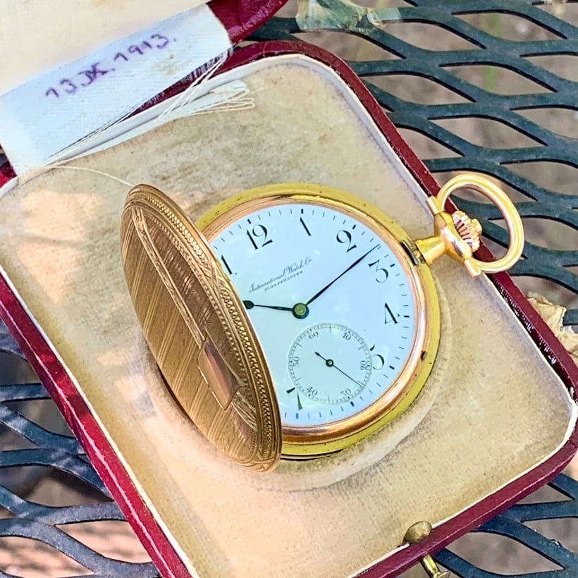 The IWC pocket watch received by the author’s great-grandfather Hugo in 1913, before he entered national service during the First World War.
