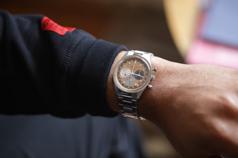 Close up wrist shot of a man wearing a watch