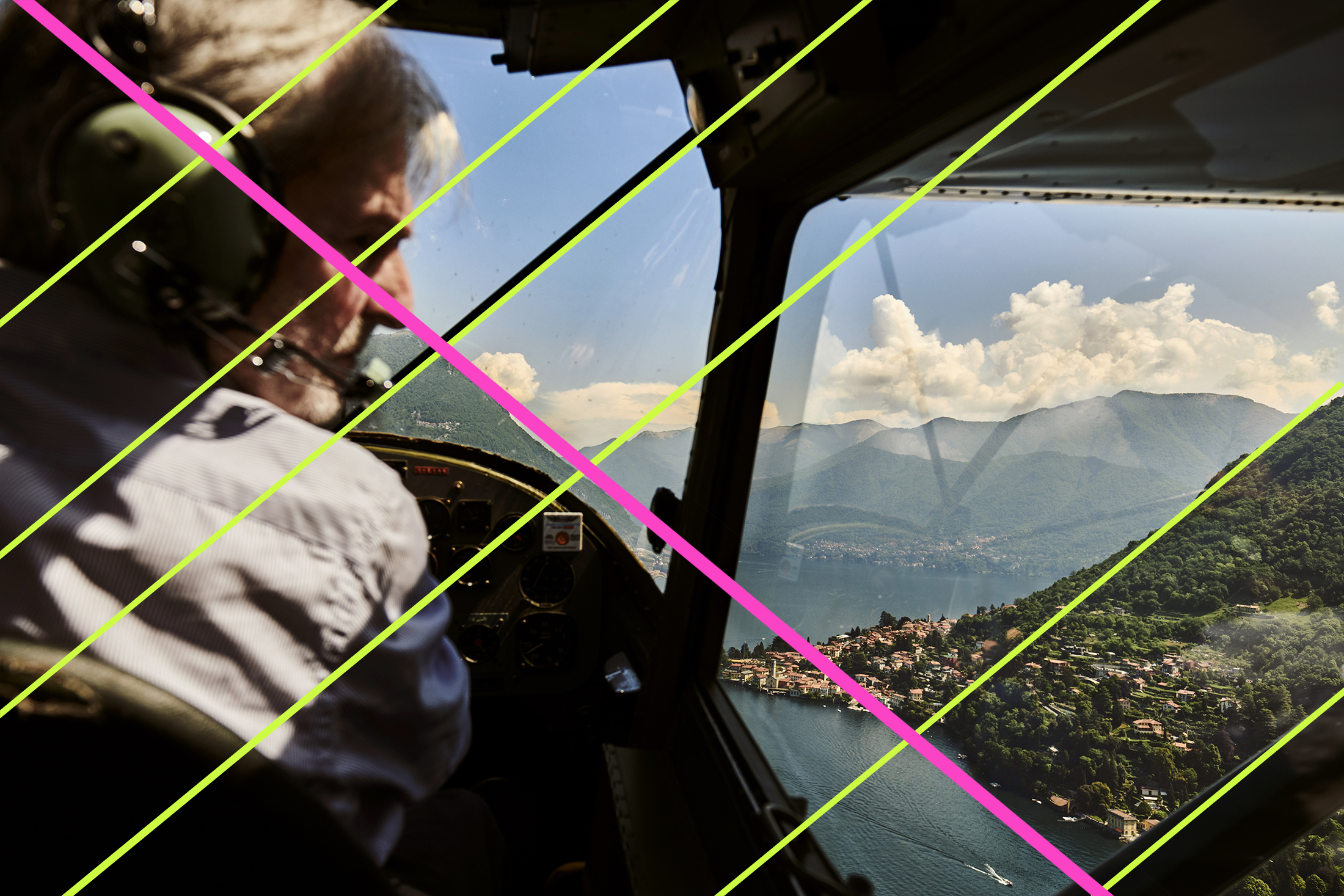 Pilot flying an airplane with lines drawn over.