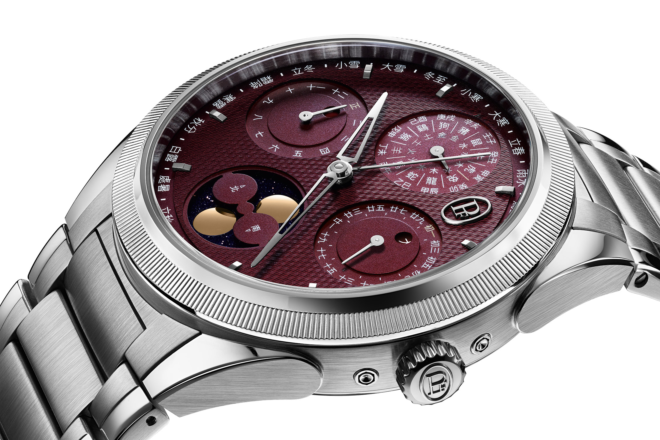 A Parmigiani watch viewed from a side angle showing the texture of the dial