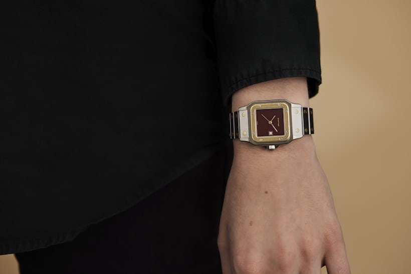 A vintage Cartier Santos on the wrist