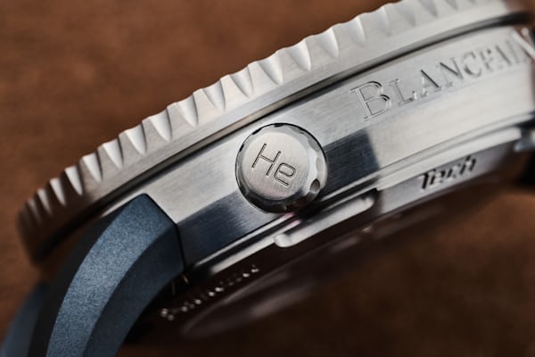 The helium escape valve on the side of the Blancpain Fifty Fathoms Tech Gombessa Dive Watch