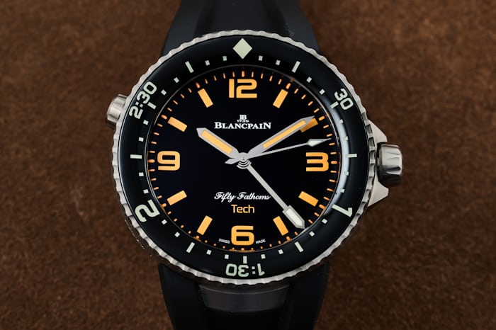 The dial of the Blancpain Fifty Fathoms Tech Gombessa Dive Watch
