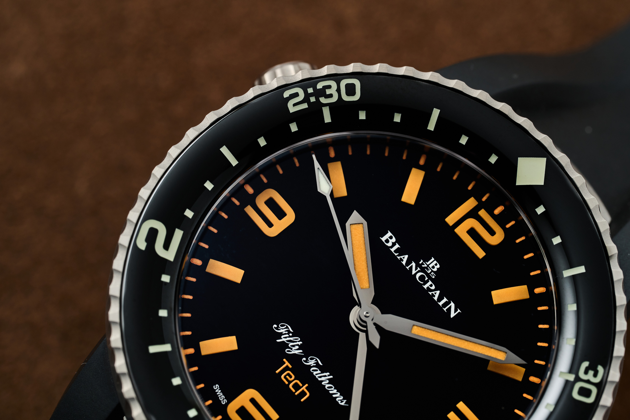 The specific dive bezel for rebreather diving on the Blancpain Fifty Fathoms Tech Gombessa Dive Watch