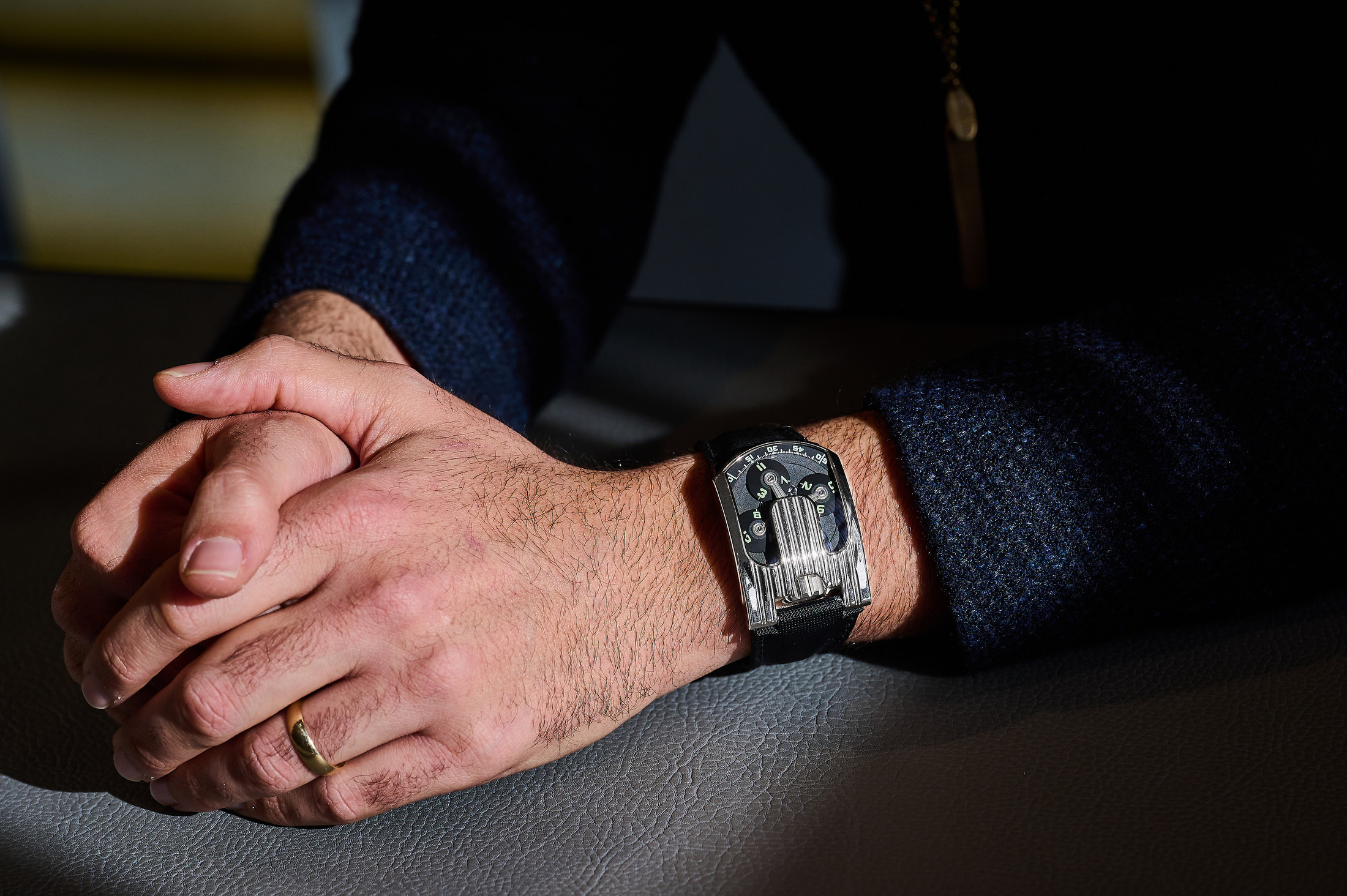 The Urwerk UR-103 Watch in white gold on the wrist of Christopher Daaboul