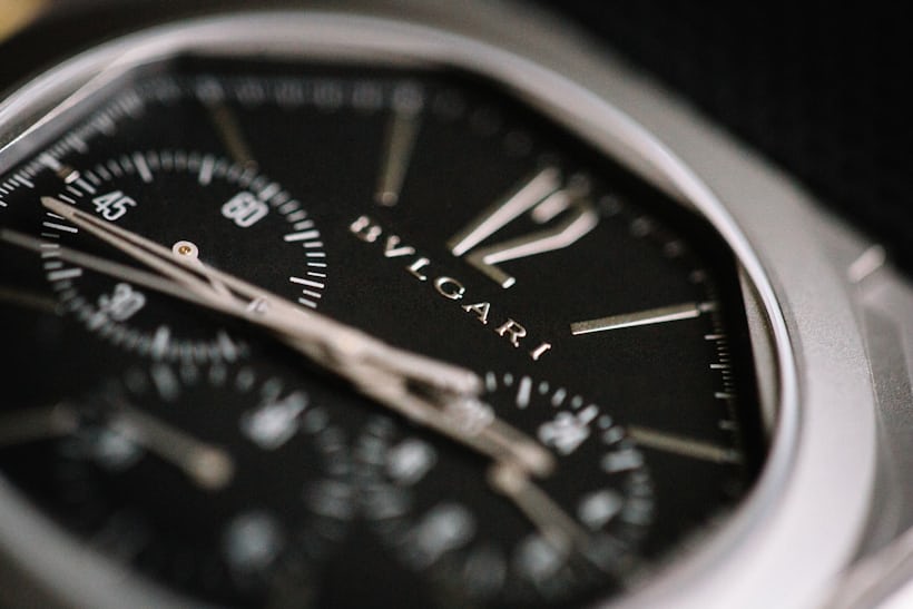 close up of the dial of a bulgari watch 
