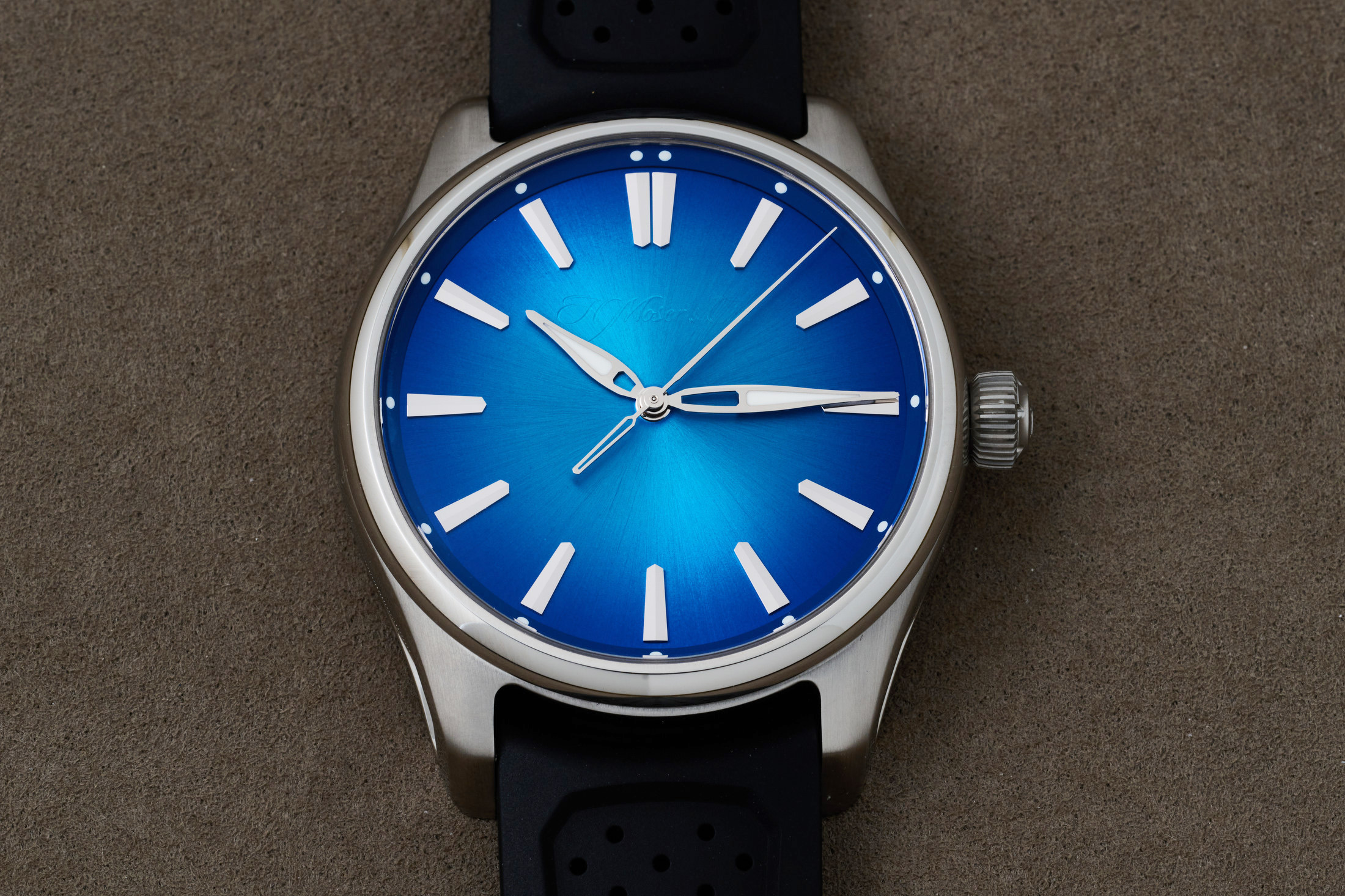 The Moser Pioneer Center Seconds sitting on a flat surface