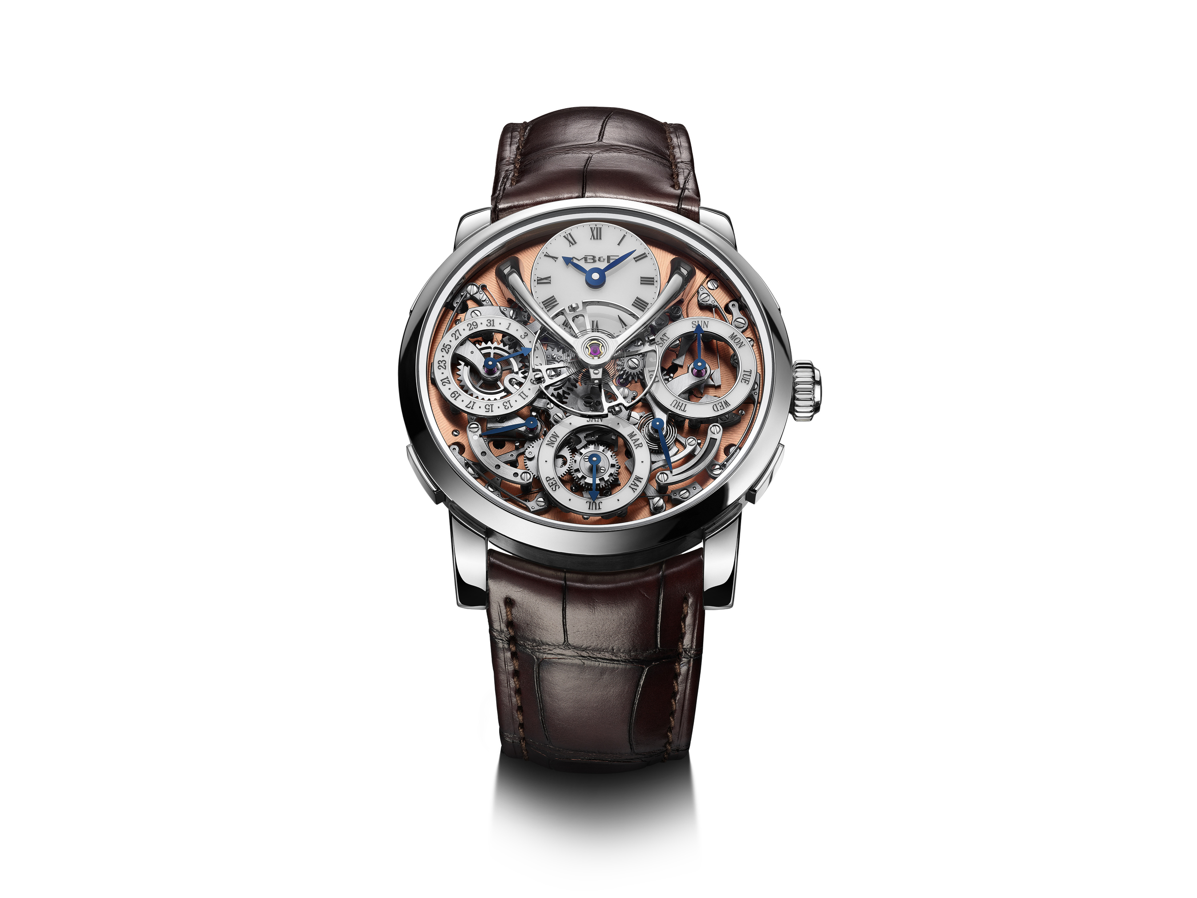 MB&F　レガシー・マシン パーペチュアル サーモン文字盤の正面カット