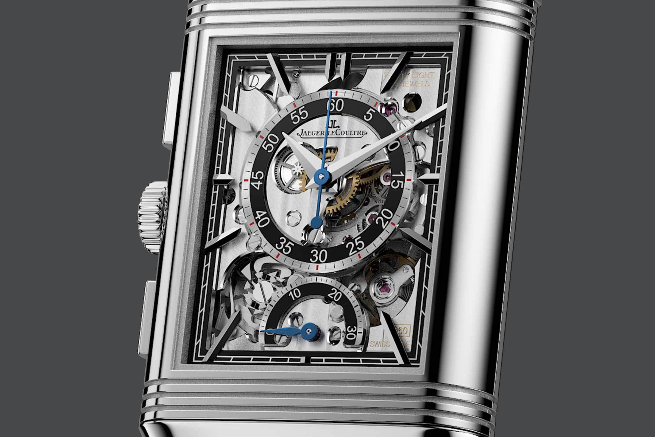 ジャガー・ルクルト　レベルソ・トリビュート・クロノグラフ、クロノグラフ部分のアップ