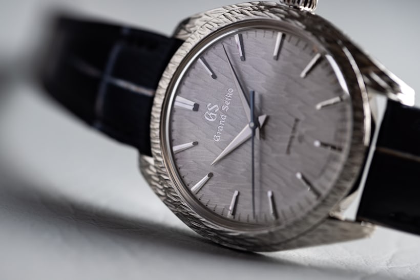 The engraved case and textured dial of the SBGZ009 Grand Seiko