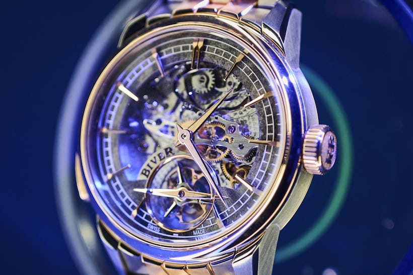 The skeleton dial of the watch