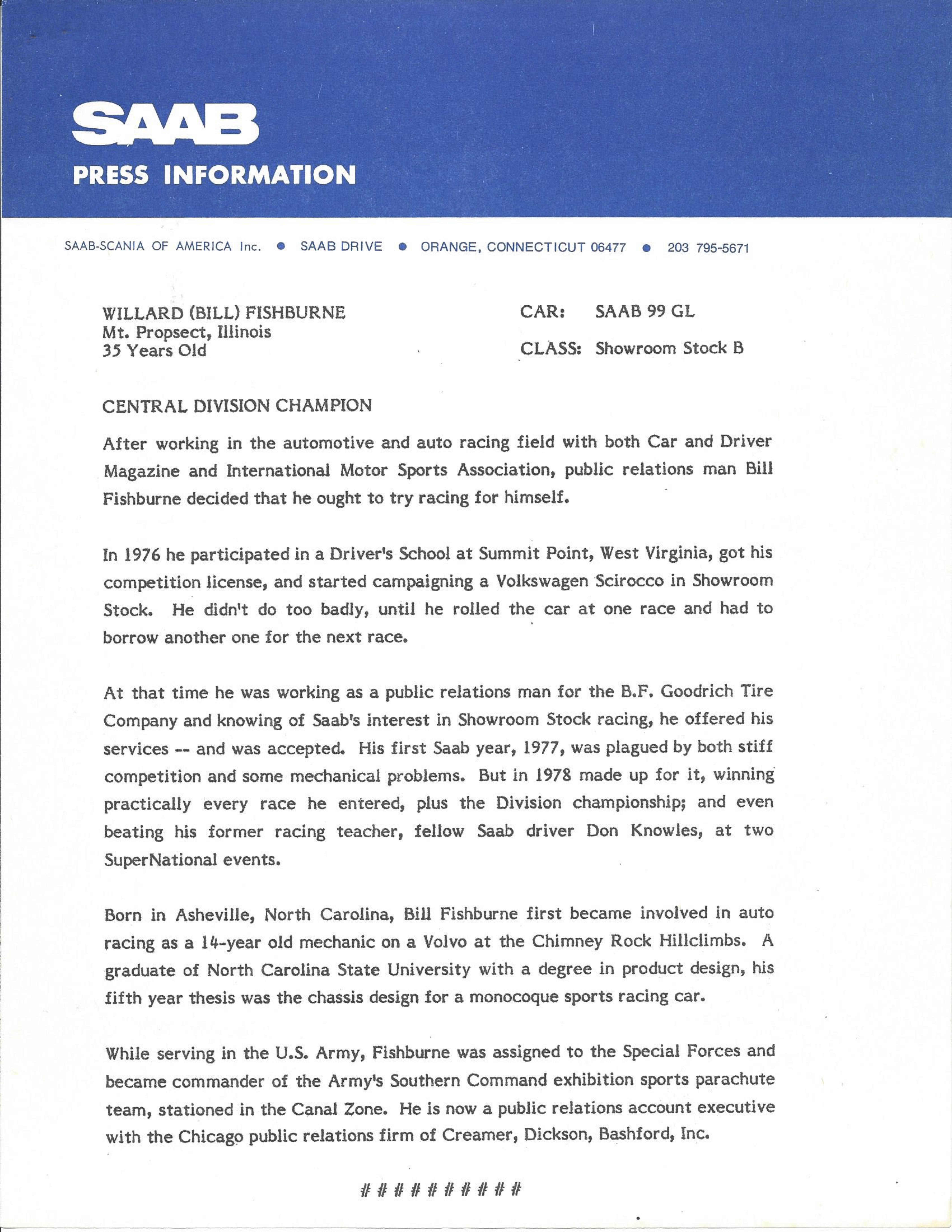 A Saab press release detailing Bill Fishburne